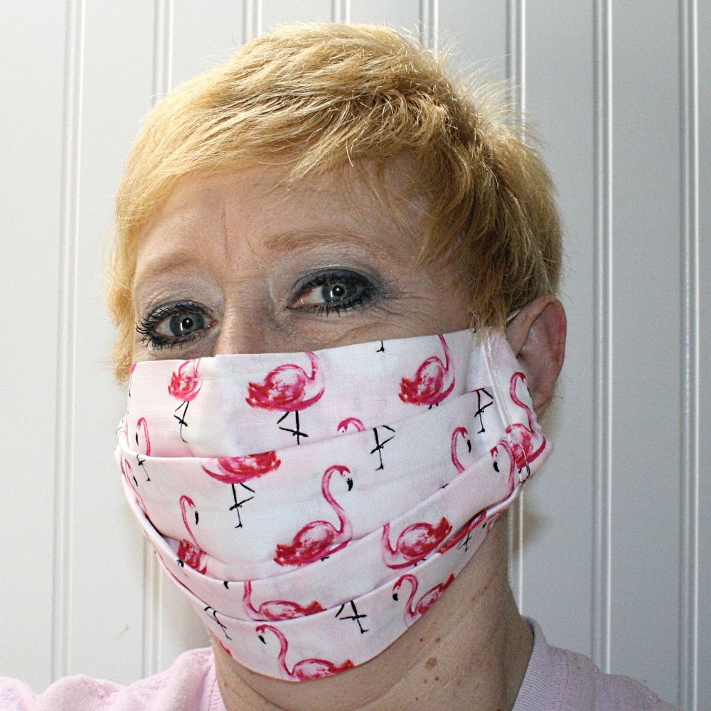 HAND CRAFTED Face Mask Pink Flamingos Adult Cloth Fabric Print - Pocket Style